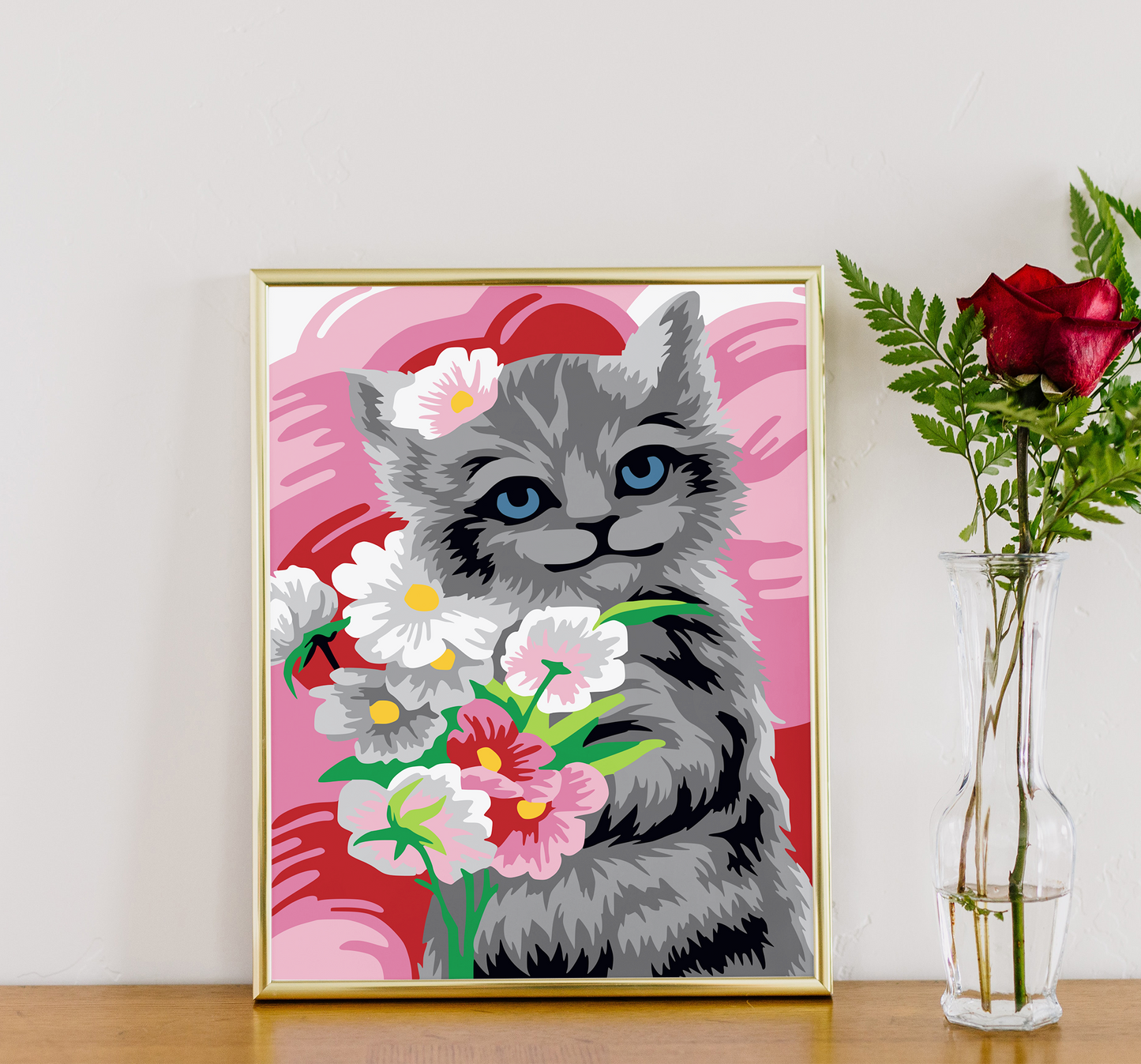 Yavru Kedicik ve Çiçekler Sayılarla Boyama Seti 35x45 cm