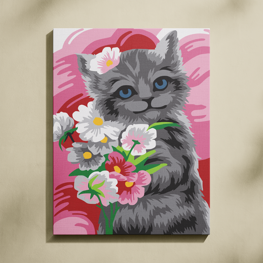 Yavru Kedicik ve Çiçekler Sayılarla Boyama Seti 35x45 cm